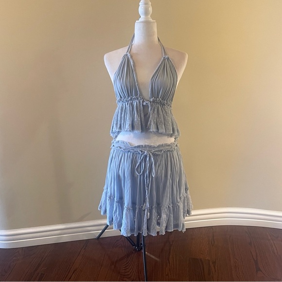 Free People Dusty Blue Polka Dot Printed Mini Skirt and Top Set - Picture 1 of 12